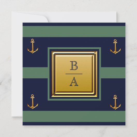 Nautical Navy Blue Green Stripes Anchor Wedding Kaart (Voorkant)