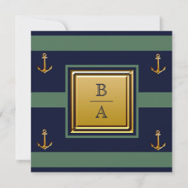 Nautical Navy Blue Green Stripes Anchor Wedding Kaart