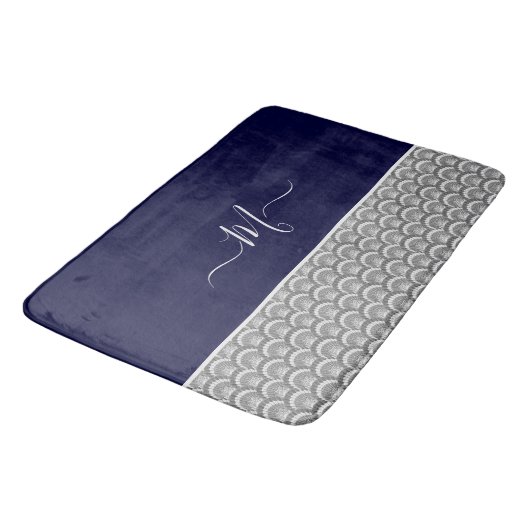 Nautical Navy Blue Grey Seashell Monogram initiaal Badmat (Gekanteld)