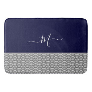 Nautical Navy Blue Grey Seashell Monogram initiaal Badmat