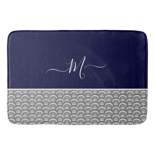 Nautical Navy Blue Grey Seashell Monogram initiaal Badmat (Voorkant)