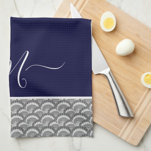 Nautical Navy Blue Grey Seashell Monogram initiaal Theedoek (Quarter Fold)
