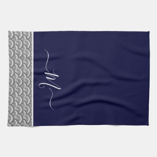 Nautical Navy Blue Grey Seashell Monogram initiaal Theedoek (Horizontaal)