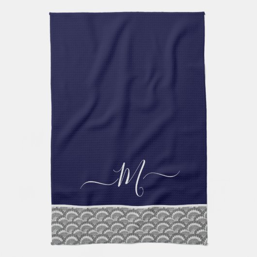 Nautical Navy Blue Grey Seashell Monogram initiaal Theedoek (Verticaal)