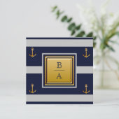 Nautical Navy Blue Grey Stripes Anchor Wedding Inv Kaart (Staand voorkant)