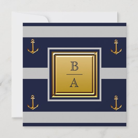 Nautical Navy Blue Grey Stripes Anchor Wedding Inv Kaart (Voorkant)