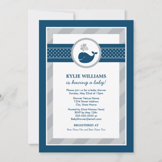 Nautical Navy Blue Grey Whale Boy Baby shower Kaart (Voorkant)