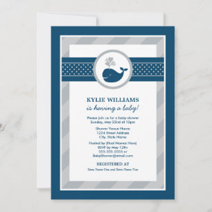 Nautical Navy Blue Grey Whale Boy Baby shower Kaart