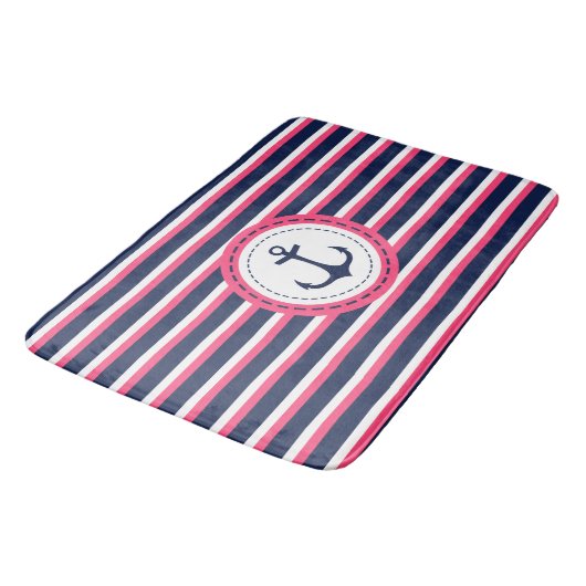 Nautical Navy Blue Hot Pink Stripes Anchor Design Badmat (Gekanteld)
