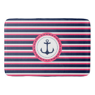 Nautical Navy Blue Hot Pink Stripes Anchor Design Badmat