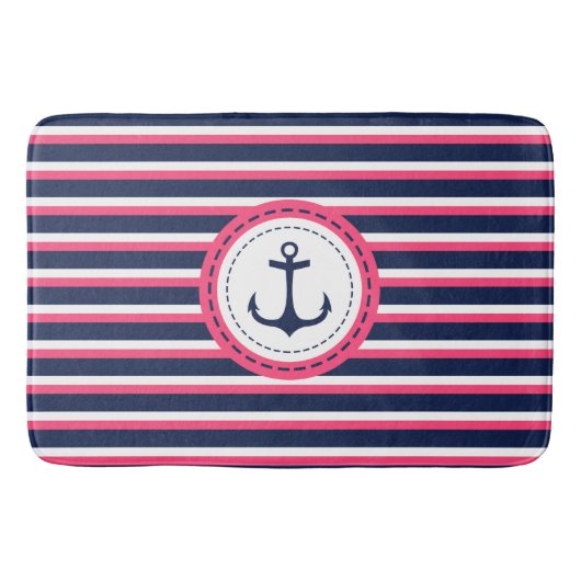 Nautical Navy Blue Hot Pink Stripes Anchor Design Badmat (Voorkant)