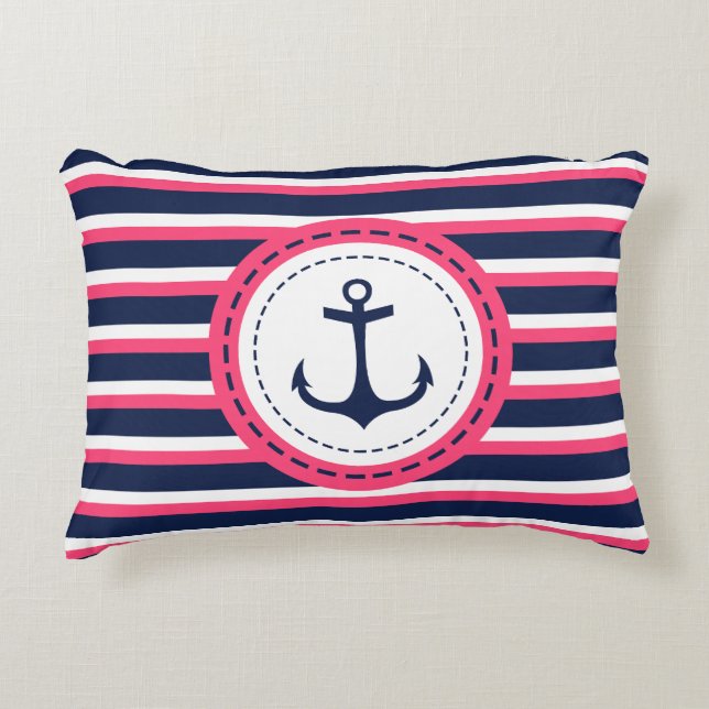 Nautical Navy Blue Hot Pink Stripes Anchor Design Decoratief Kussen (Voorkant)