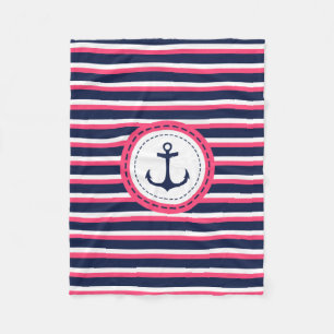 Nautical Navy Blue Hot Pink Stripes Anker Ontwerp Fleece Deken