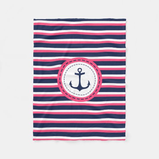 Nautical Navy Blue Hot Pink Stripes Anker Ontwerp Fleece Deken (Voorkant)
