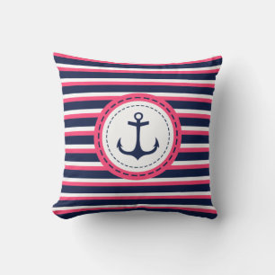 Nautical Navy Blue Hot Pink Stripes Anker Ontwerp Kussen