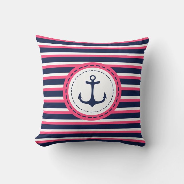 Nautical Navy Blue Hot Pink Stripes Anker Ontwerp Kussen (Voorkant)