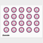 Nautical Navy Blue Hot Pink Stripes Anker Ontwerp Ronde Sticker (Vel)