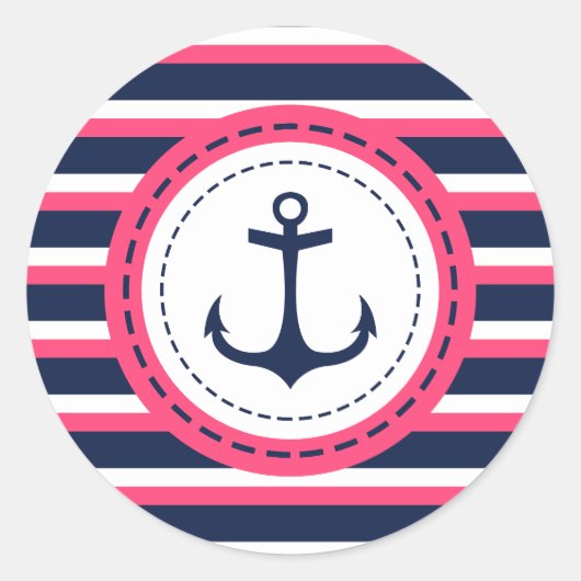 Nautical Navy Blue Hot Pink Stripes Anker Ontwerp Ronde Sticker (Voorkant)