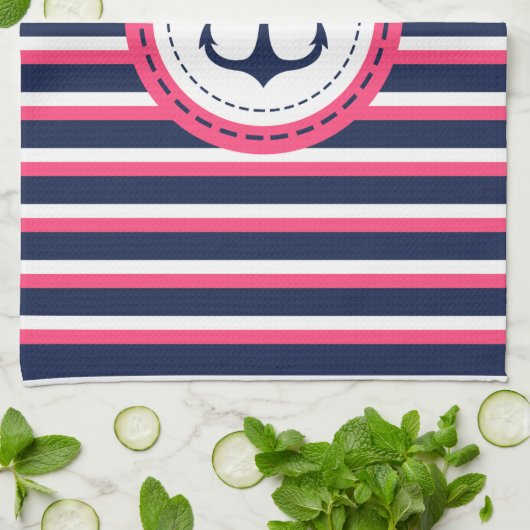 Nautical Navy Blue Hot Pink Stripes Anker Ontwerp Theedoek (Gevouwen)