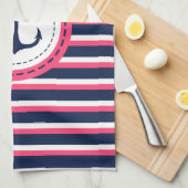 Nautical Navy Blue Hot Pink Stripes Anker Ontwerp Theedoek (Quarter Fold)