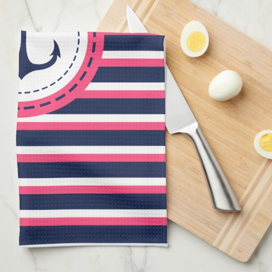 Nautical Navy Blue Hot Pink Stripes Anker Ontwerp Theedoek (Quarter Fold)