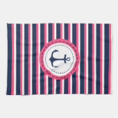 Nautical Navy Blue Hot Pink Stripes Anker Ontwerp Theedoek (Horizontaal)