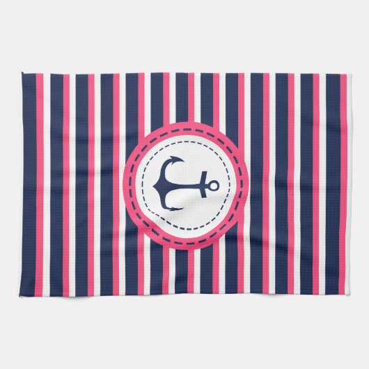 Nautical Navy Blue Hot Pink Stripes Anker Ontwerp Theedoek (Horizontaal)