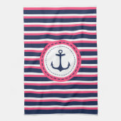 Nautical Navy Blue Hot Pink Stripes Anker Ontwerp Theedoek (Verticaal)