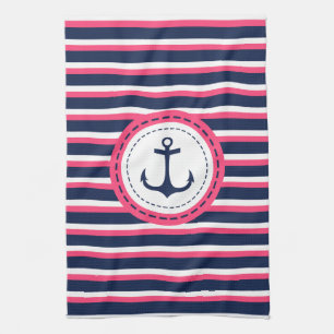 Nautical Navy Blue Hot Pink Stripes Anker Ontwerp Theedoek