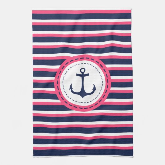 Nautical Navy Blue Hot Pink Stripes Anker Ontwerp Theedoek (Verticaal)