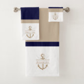 Nautical Navy Blue Khaki White Anchor Monogram Bad Handdoek (Insitu)