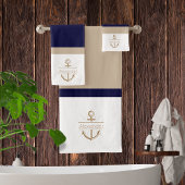 Nautical Navy Blue Khaki White Anchor Monogram Bad Handdoek