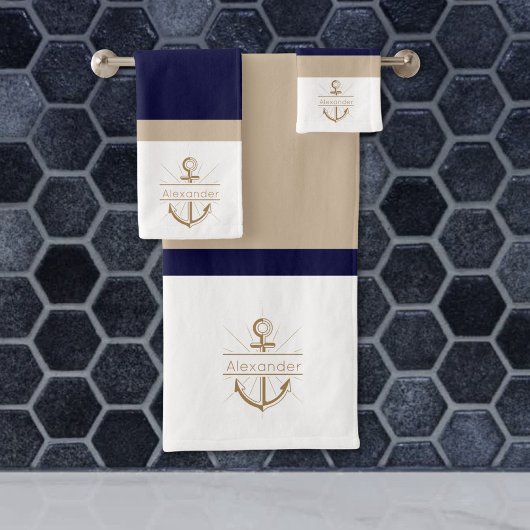 Nautical Navy Blue Khaki White Anchor Monogram Bad Handdoek