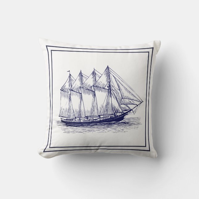 Nautical Navy Blue Lijst &  Schooner Ship Kussen (Voorkant)