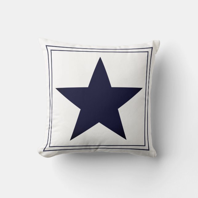 Nautical Navy Blue Lijst & Star Monogram Kussen (Voorkant)