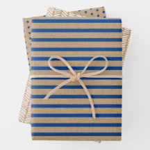 Nautical Navy Blue Lines Faux Rustic Brown Kraft