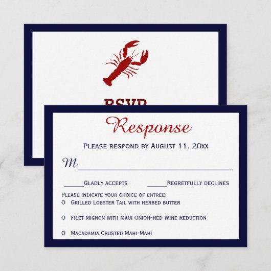 Nautical Navy Blue Lobster Wedding RSVP-kaarten RSVP Kaartje (Voorkant / Achterkant)