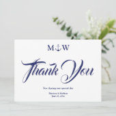 Nautical navy blue monogram Weddenschap Bedankt (Staand voorkant)