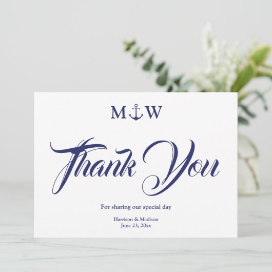 Nautical navy blue monogram Weddenschap Bedankt (Staand voorkant)