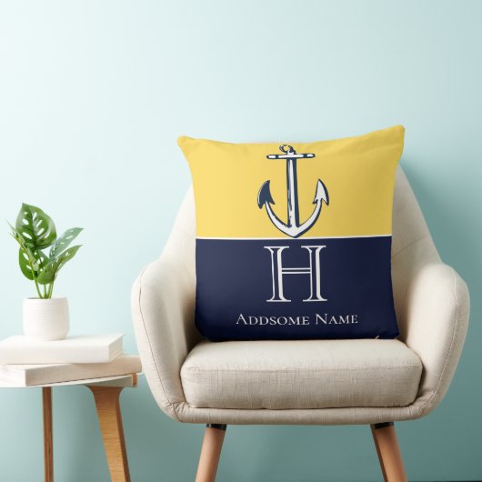 Nautical Navy Blue Mustard Yellow Anchor Monogram Kussen (Stoel)