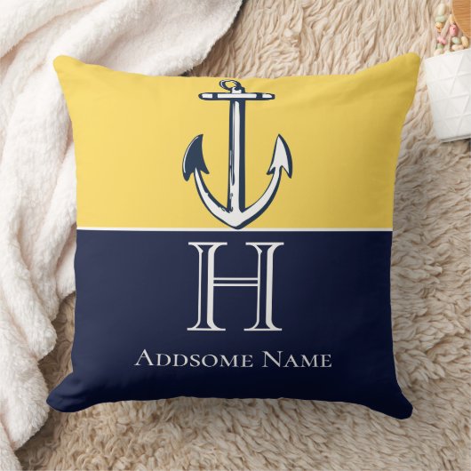 Nautical Navy Blue Mustard Yellow Anchor Monogram Kussen (Deken)