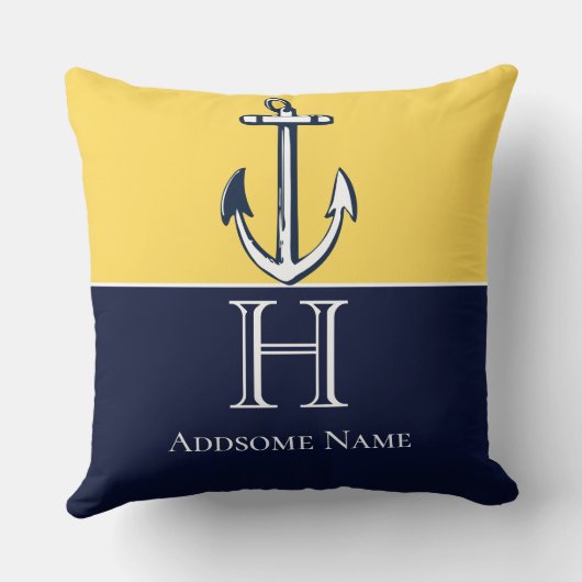 Nautical Navy Blue Mustard Yellow Anchor Monogram Kussen (Achterkant)