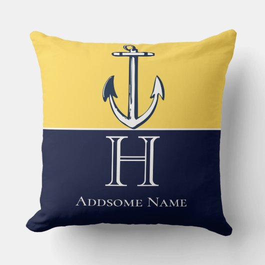 Nautical Navy Blue Mustard Yellow Anchor Monogram Kussen (Voorkant)