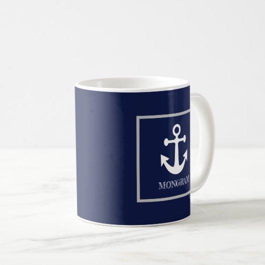 Nautical Navy Blue Name Anchor Coffee Mok (Voorkant rechts)