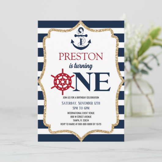 Nautical Navy Blue One 1e eerste verjaardag Kaart (Staand voorkant)