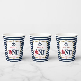 Nautical Navy Blue ONE Eerste 1e verjaardagsfeestj Papieren Bekers