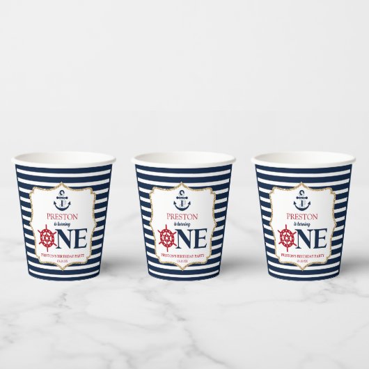 Nautical Navy Blue ONE Eerste 1e verjaardagsfeestj Papieren Bekers (Multi)