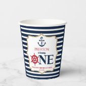 Nautical Navy Blue ONE Eerste 1e verjaardagsfeestj Papieren Bekers (Voorkant)