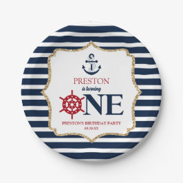 Nautical Navy Blue ONE Eerste 1e verjaardagsfeestj Papieren Bordje