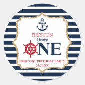 Nautical Navy Blue ONE Eerste 1e verjaardagsfeestj Ronde Sticker (Voorkant)